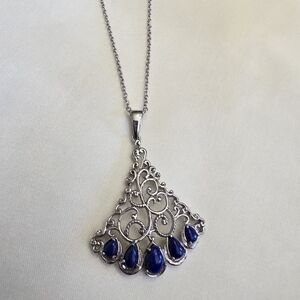 Lapis Lazuli, St. Steel Filigree Style Pendant Necklace w/ Magnetic Clasp Chain